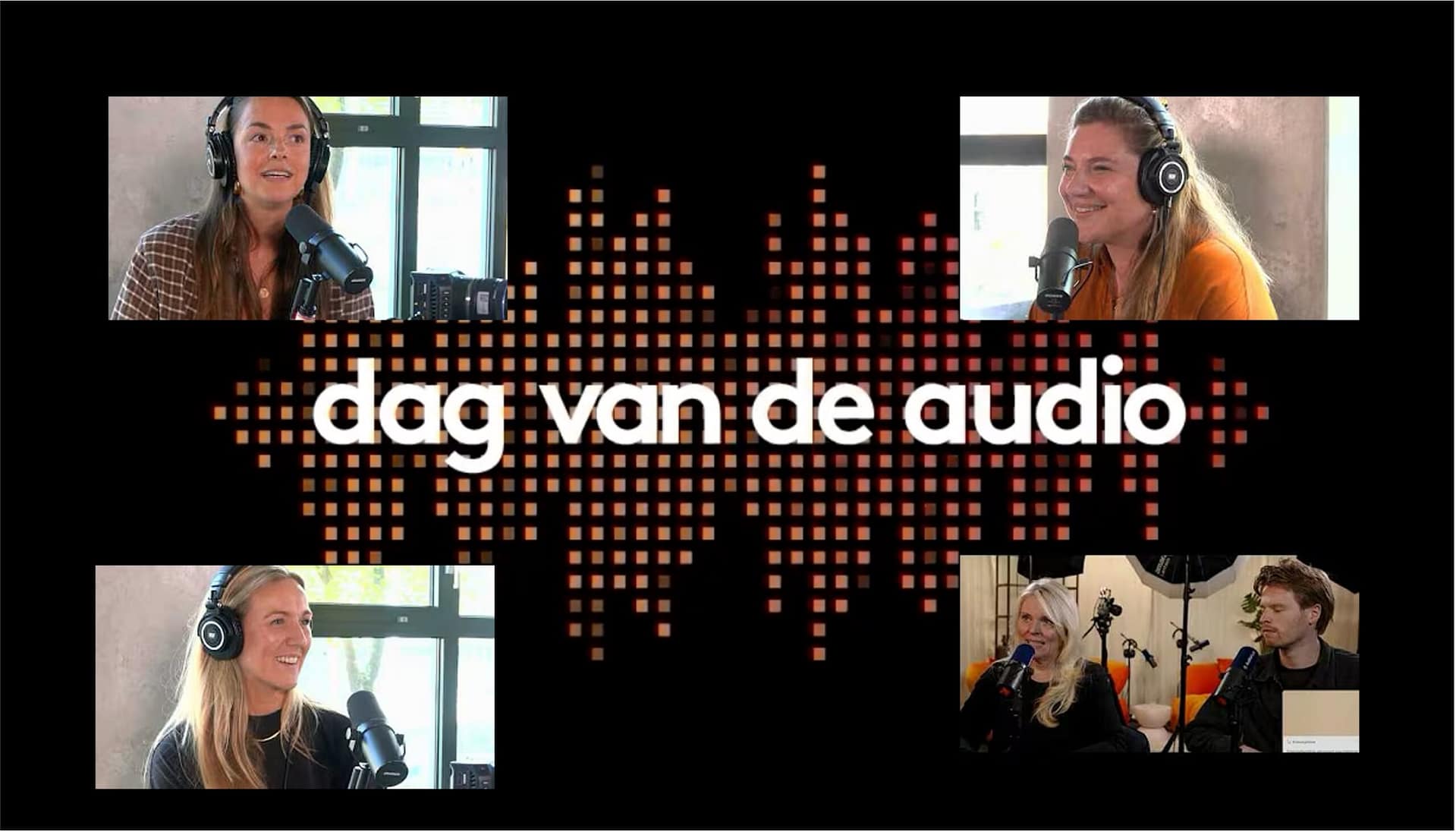 Collage van sprekers met koptelefoon op de Dag van de Audio