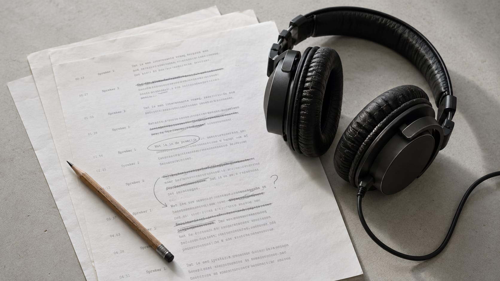 Koptelefoon naast een geprint podcasttranscript met handmatige correcties.