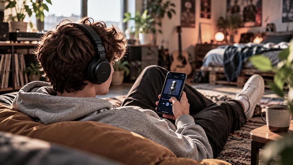 Jongere met koptelefoon luistert op de bank naar een podcast op zijn smartphone