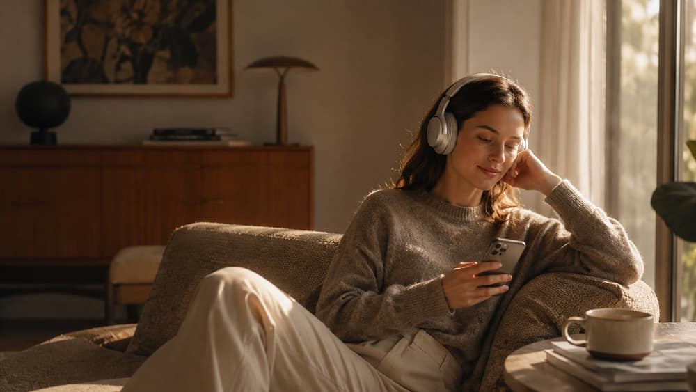 Vrouw met koptelefoon luistert ontspannen op de bank naar een podcast