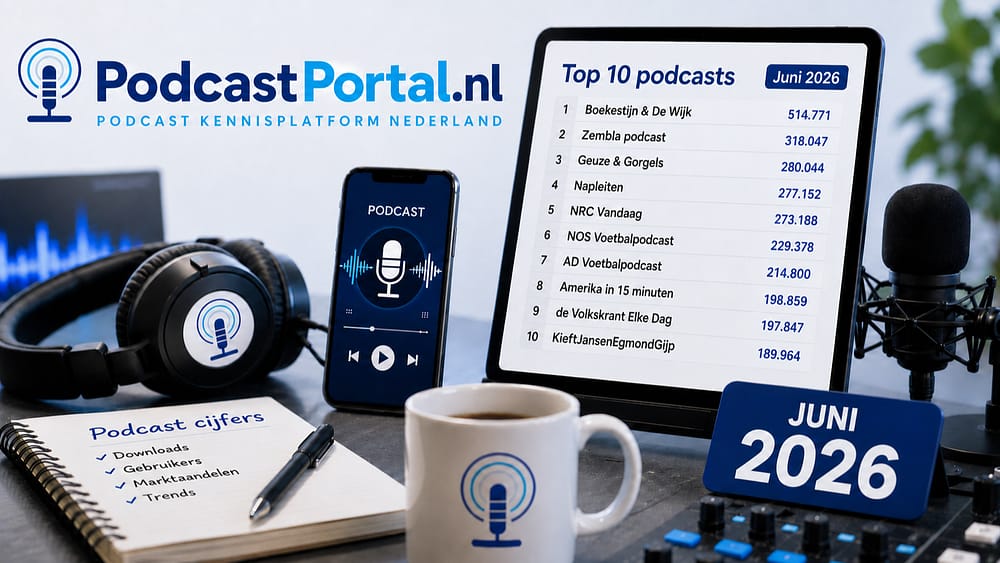 Visual van PodcastPortal.nl met de top 10 podcasts naar downloads van juni 2026