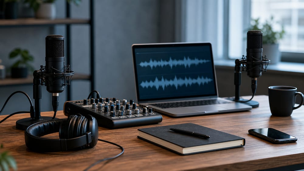 Podcaststudio met twee microfoons, mengpaneel en laptop met een audiogolf