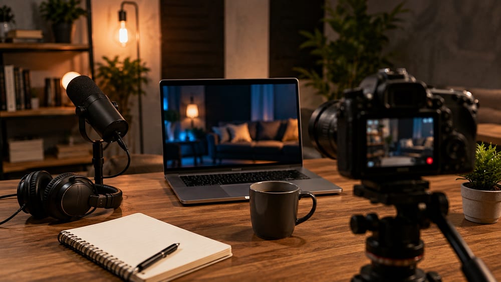 Podcastopstelling met microfoon, laptop en videocamera op een bureau