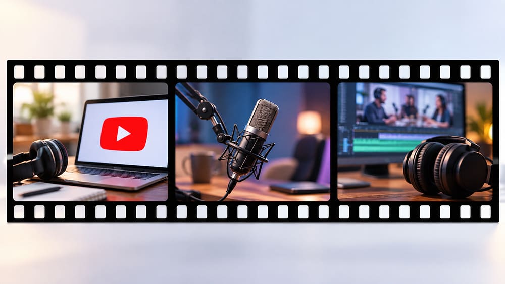 Filmstrip met YouTube op een laptop, een podcastmicrofoon en een videostudio