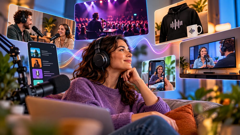 Vrouw met koptelefoon omringd door vormen van podcast zoals video, live shows en merchandise