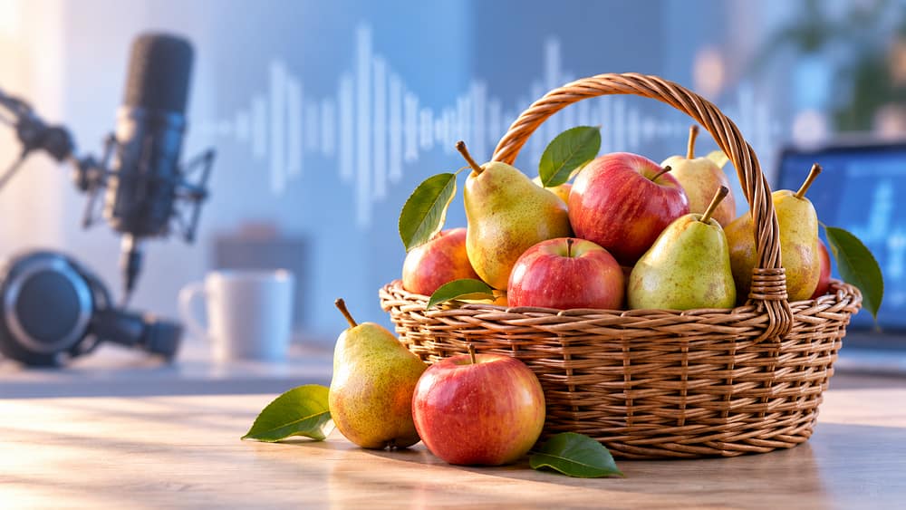 Mand met appels en peren naast een podcastmicrofoon, als beeld voor het vergelijken van podcastcijfers