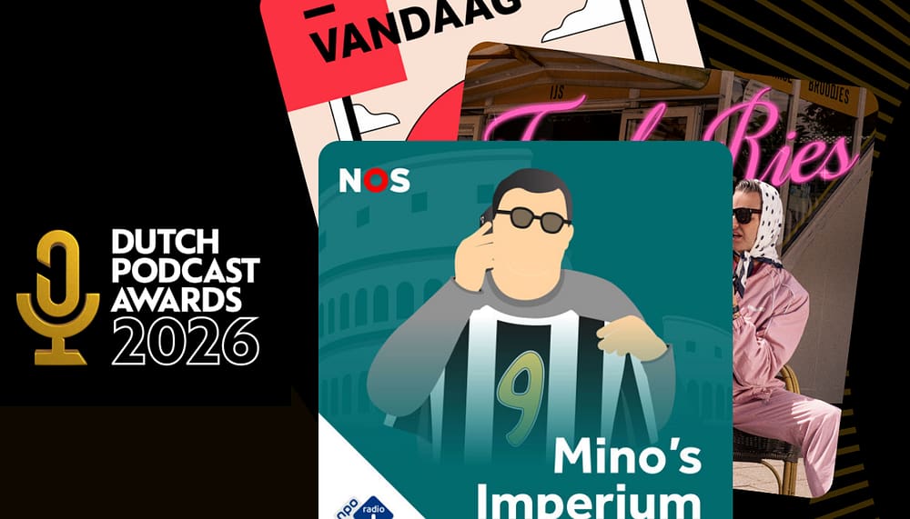 Logo van de Dutch Podcast Awards 2026 met artwork van genomineerde podcasts
