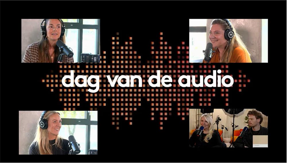 Collage van sprekers met koptelefoon op de Dag van de Audio