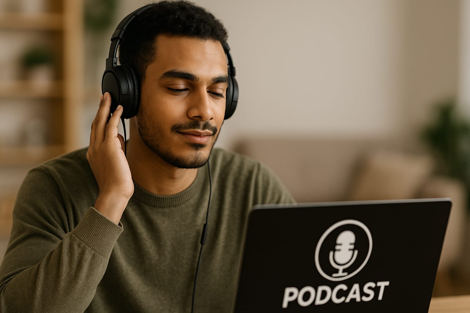 Man met koptelefoon luistert naar een podcast achter een laptop