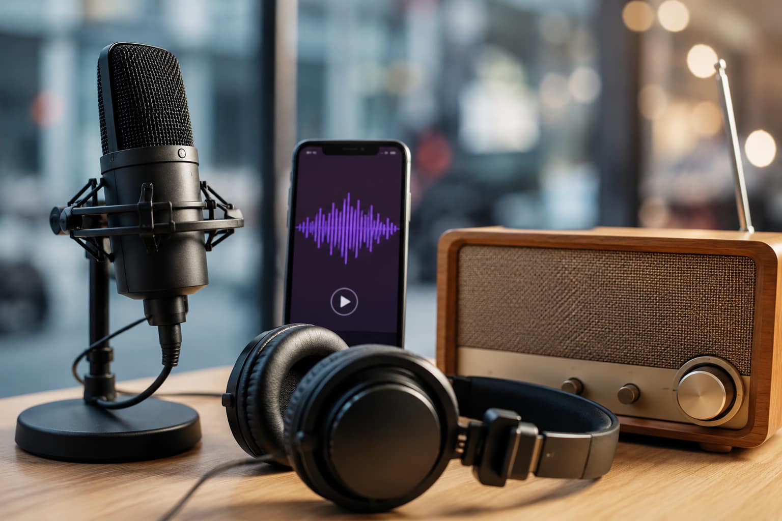 Microfoon, smartphone met podcastapp en een klassieke radio