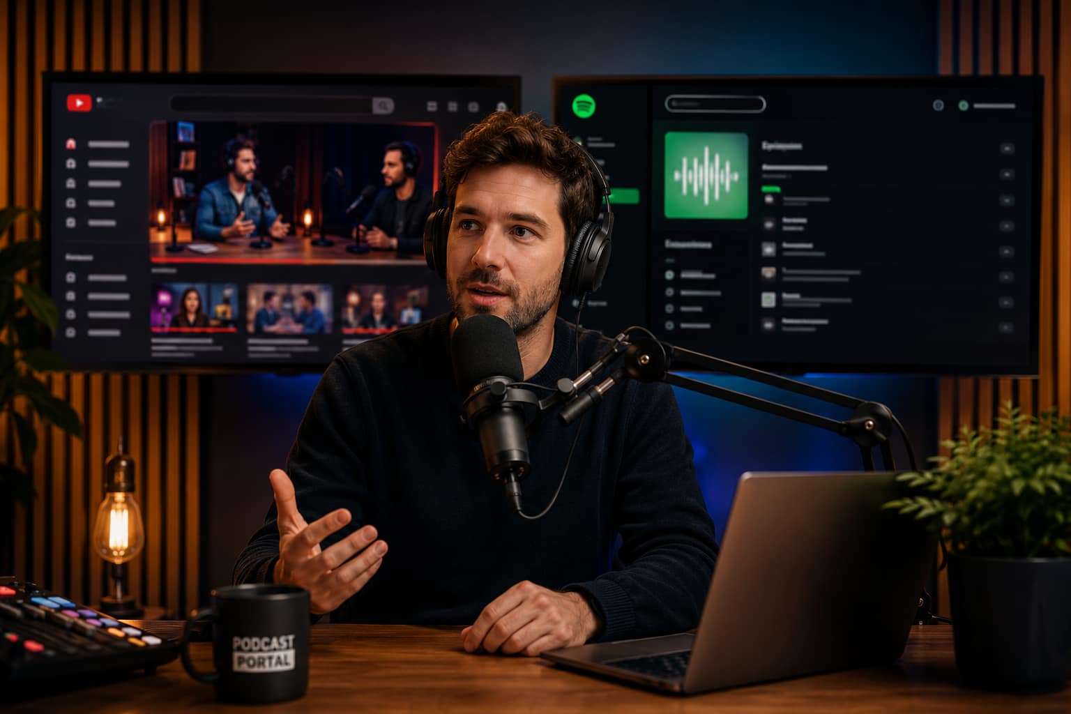 Podcastmaker achter een microfoon met YouTube en Spotify op schermen op de achtergrond