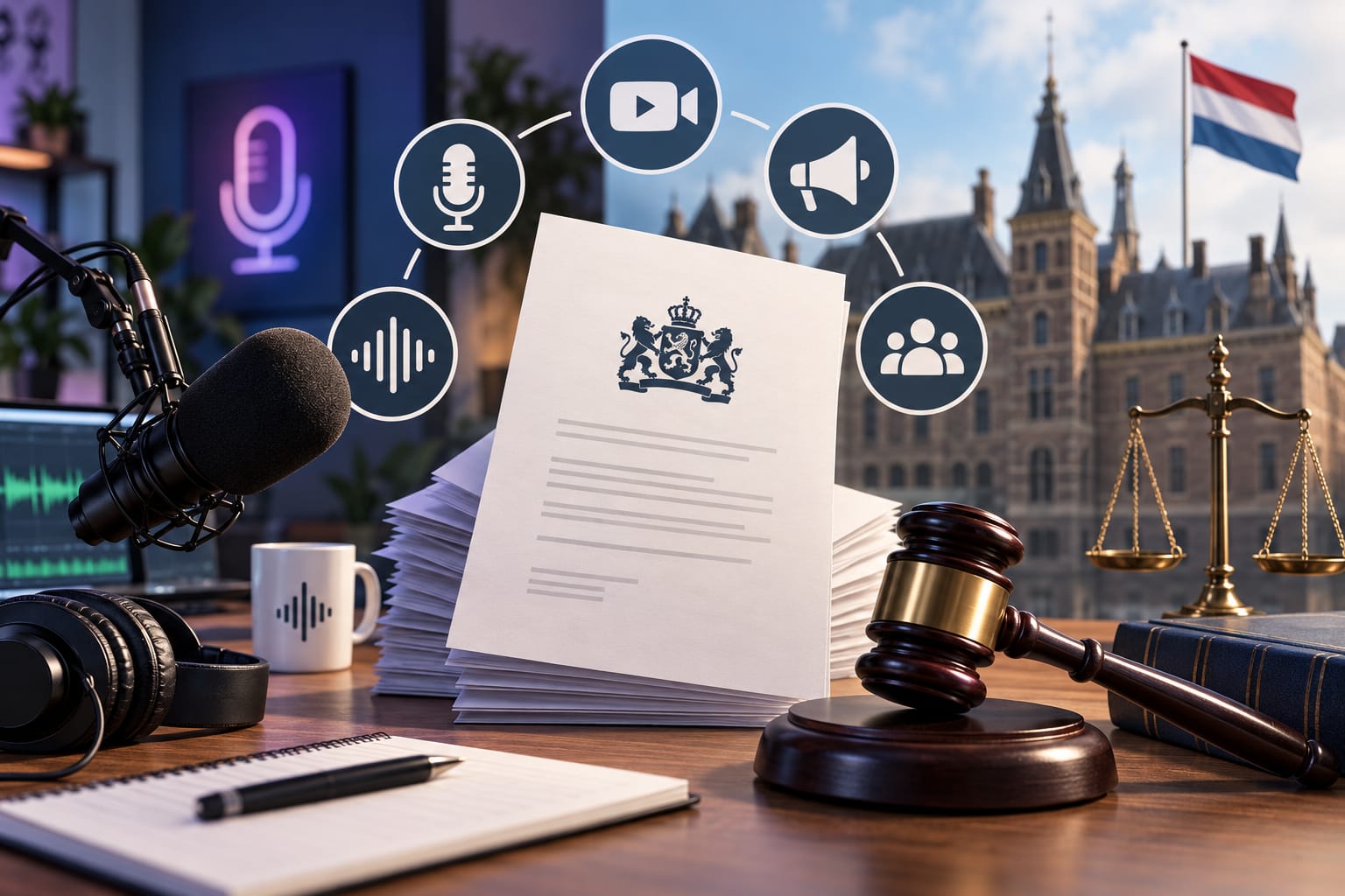 Illustratie van een wetgevingsbrief met rijkswapen naast een podcastmicrofoon en een rechtershamer