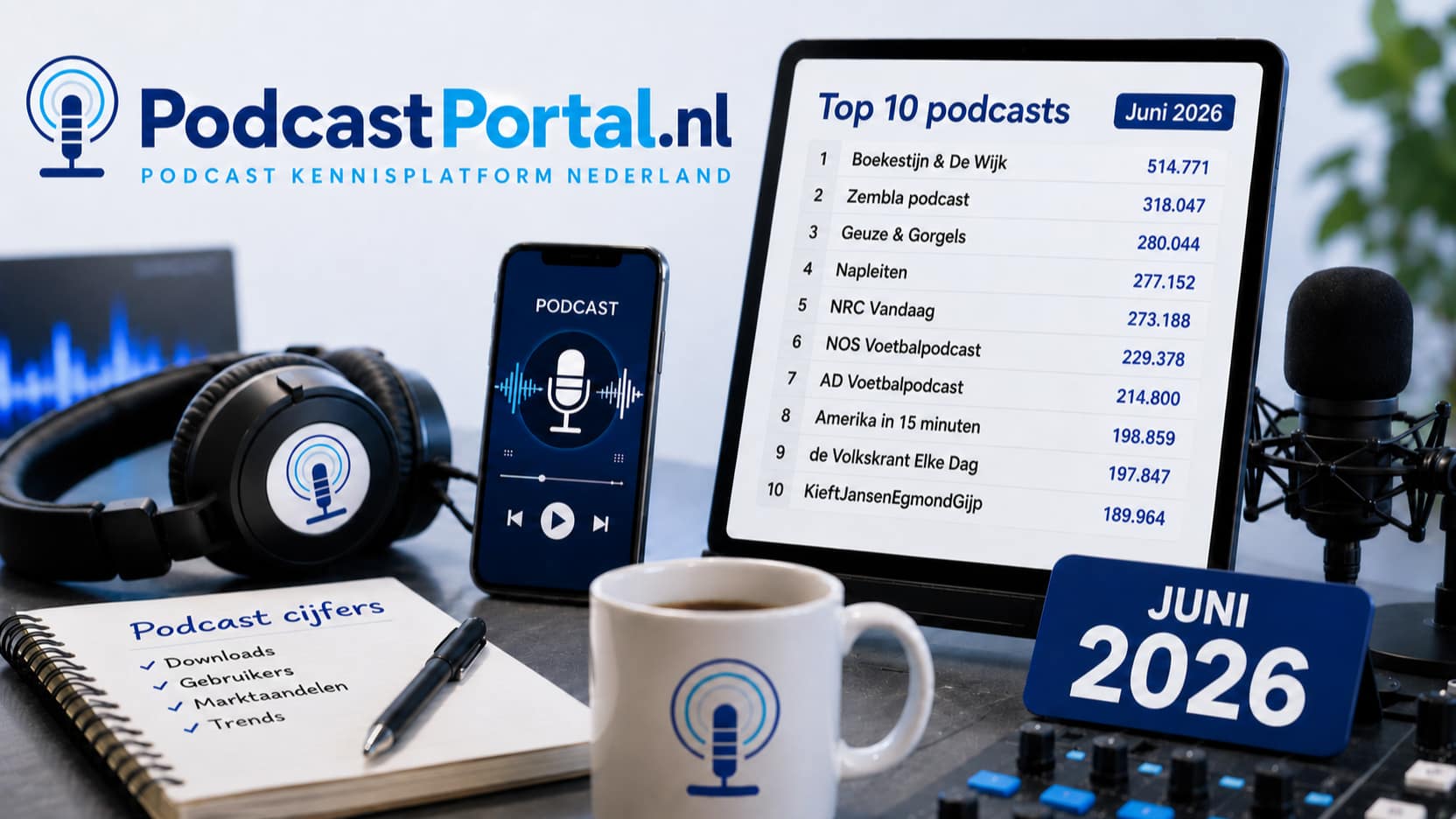 Visual van PodcastPortal.nl met de top 10 podcasts naar downloads van juni 2026