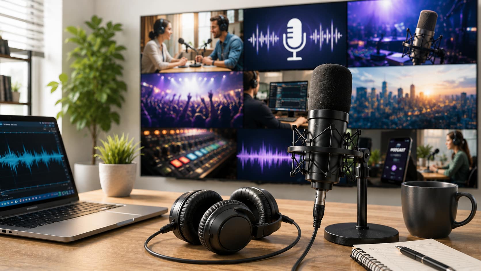 Podcastmicrofoon voor een wand met schermen vol video, live shows en studio's