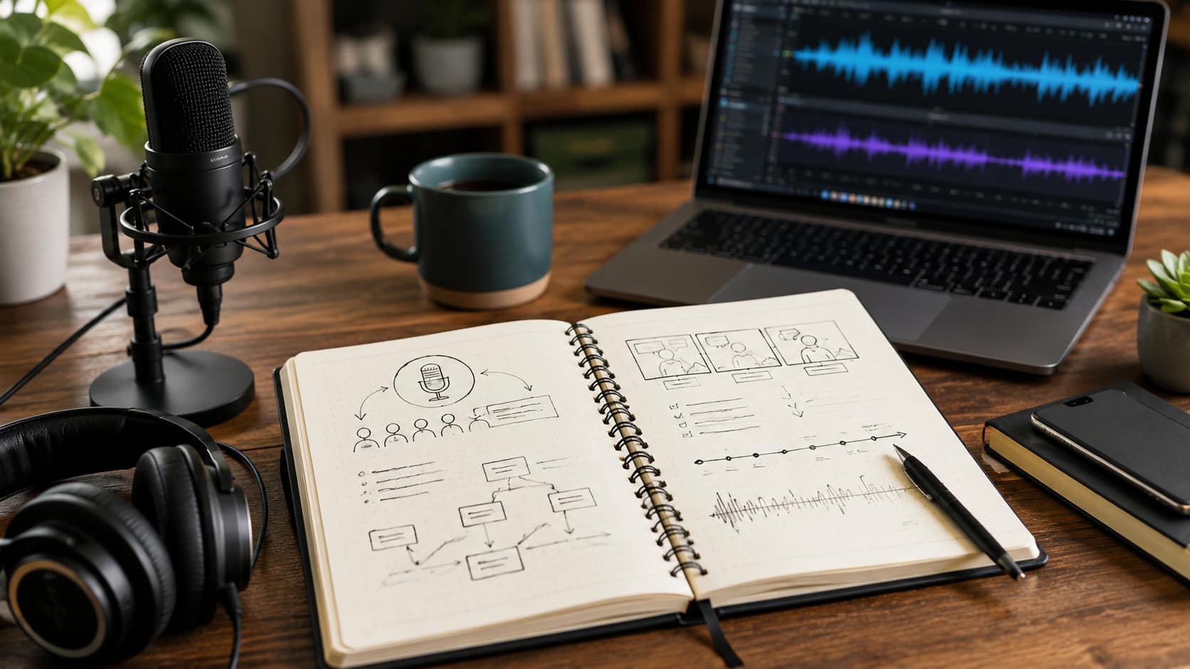 Opengeslagen notitieboek met een podcastconcept naast microfoon en laptop