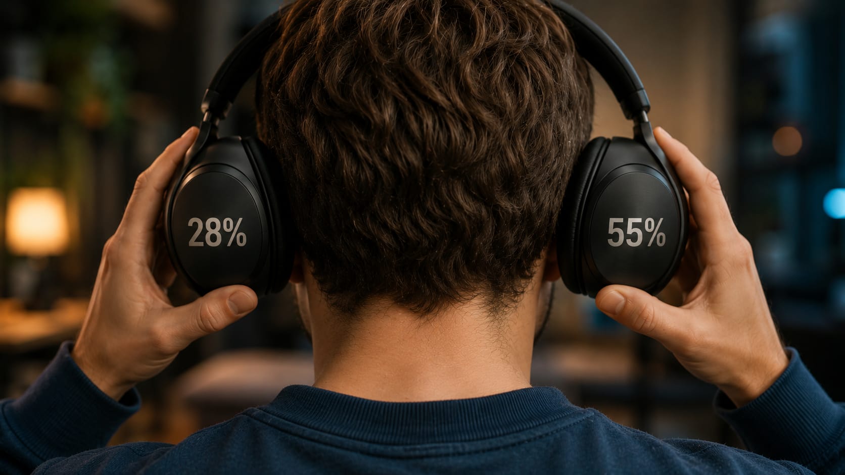 Man met koptelefoon met de percentages 28% en 55% op de oorschelpen
