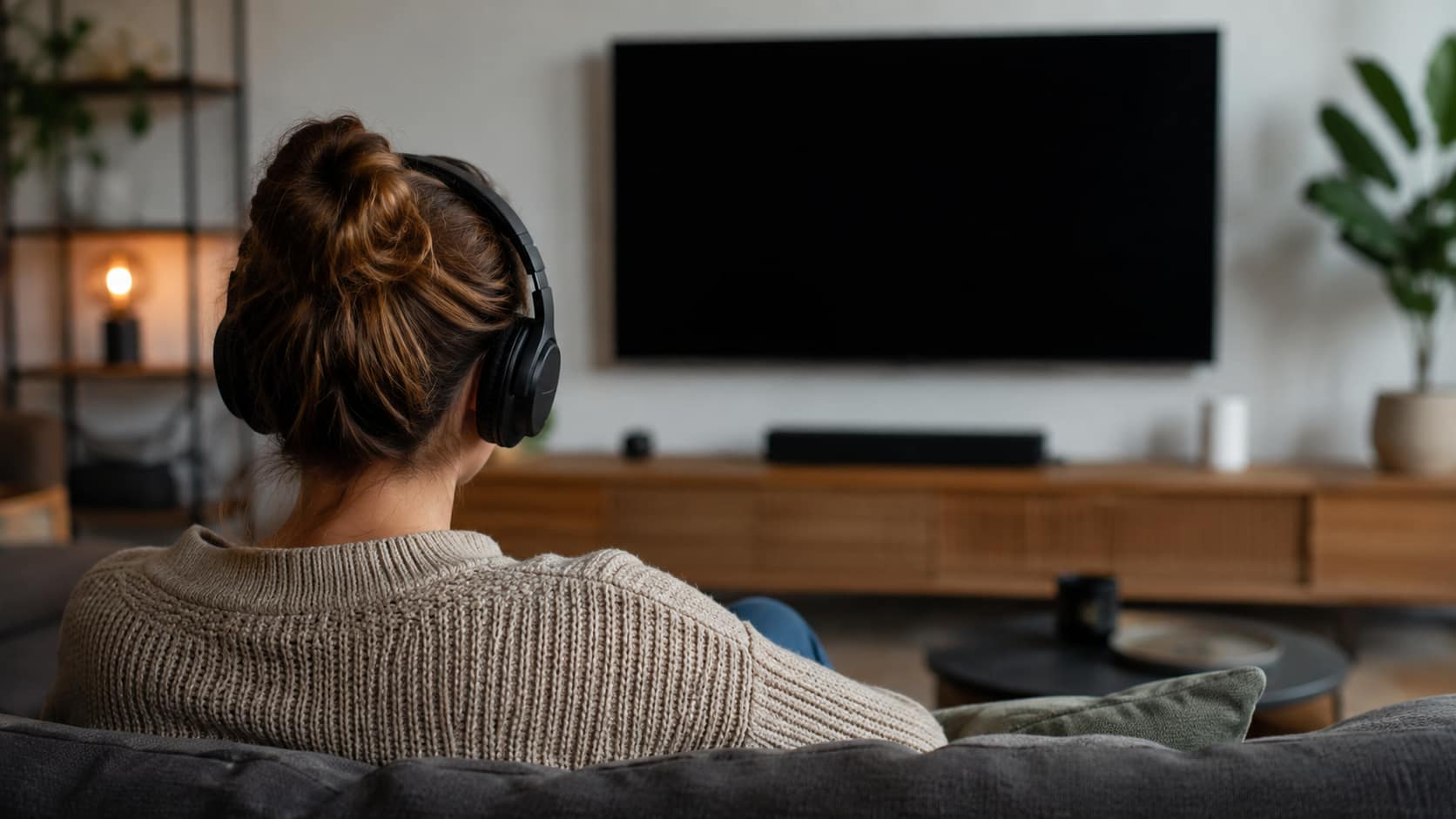 Vrouw met koptelefoon voor een uitgeschakelde televisie