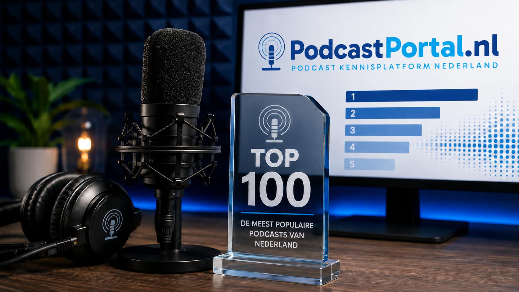 Glazen Top 100-trofee naast een microfoon, als beeld voor de Nederlandse Podcast Top 100