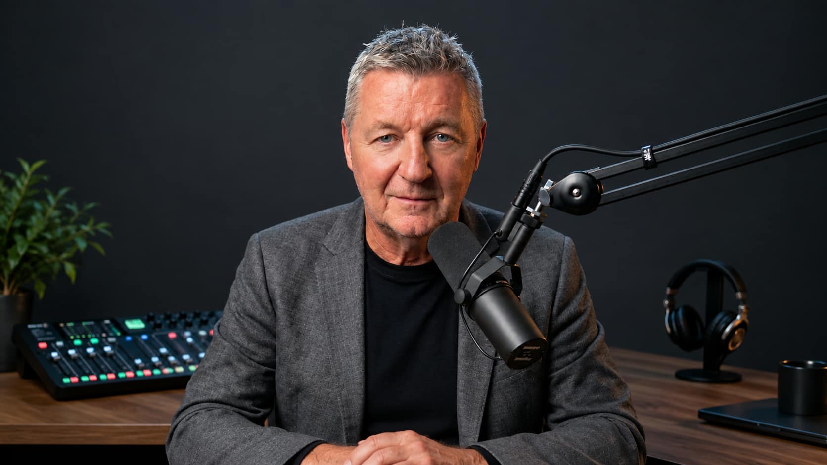 Portret van Jurgen Verstrepen achter een podcastmicrofoon