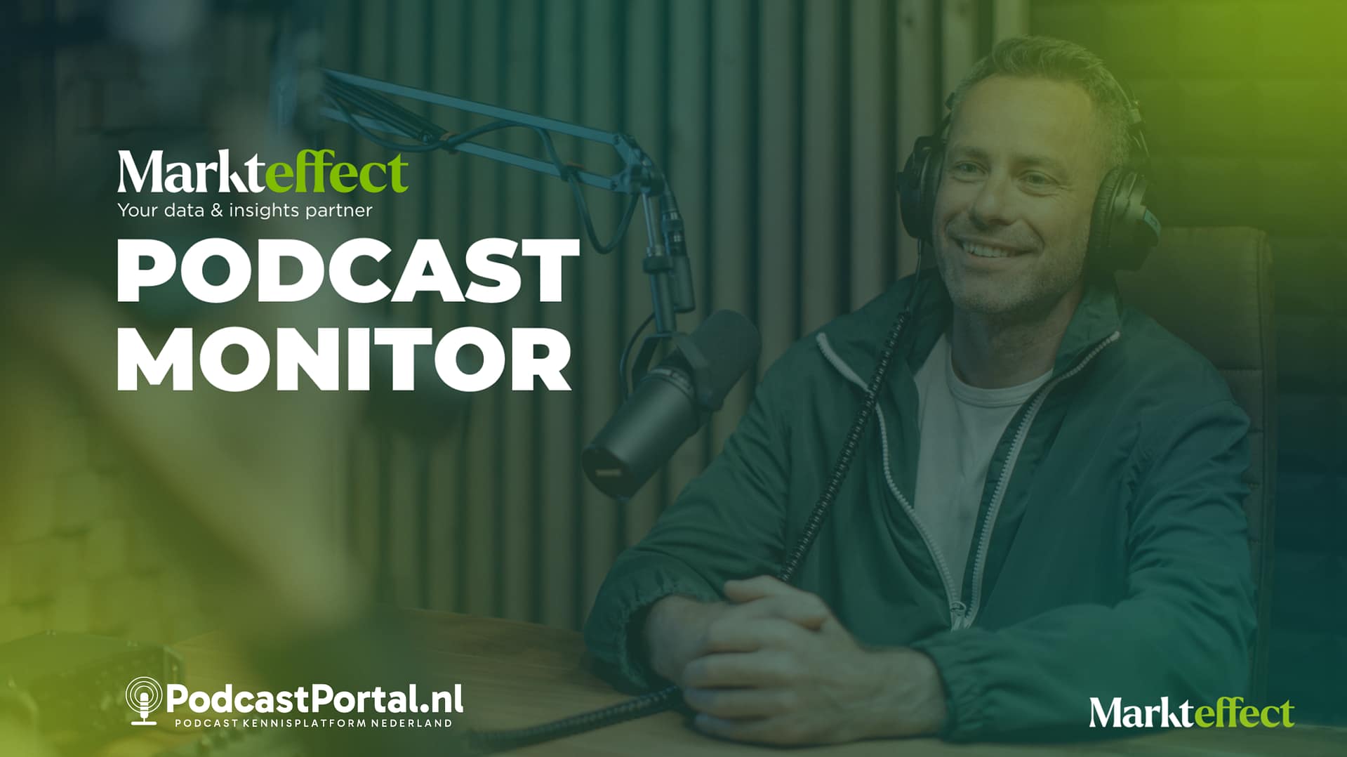 Cover van de Podcast Monitor van Markteffect met de logo's van Markteffect en PodcastPortal.nl