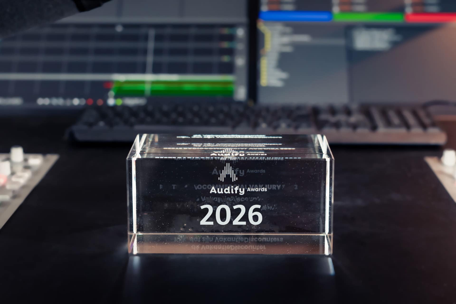 Glazen Audify Award 2026 op een mengpaneel
